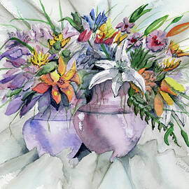 Two Purple Vases with Flowers Watercolor by Linda Brody