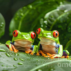 Two red-eyed tree frogs on a leaf
