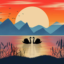 Two Swans Silhouette with Mountains at Sunset by Patti Deters