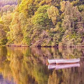 Two White Rowboats on a MIsty Autumn Lake at Pitlochry by Debra and Dave Vanderlaan
