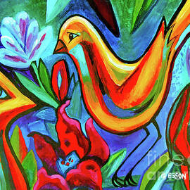 Two Yellow Birds Floral Abstract by Genevieve Esson