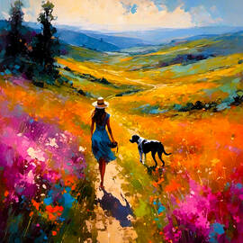 Vibrant colors of a Spring Meadow, Woman walking Her Dog by K S