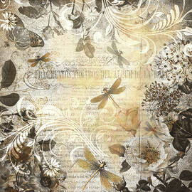Vintage Botanical and Dragonflies Collage Art by Peggy Collins