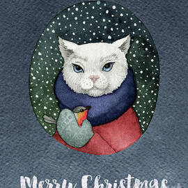 Watercolor Cat Winter Christmas Holiday by Modern Art