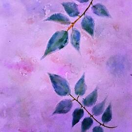 Watercolor leaves on elegant purple  by Lucia Waterson