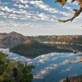 Weathered white pine tree points to first light on Wizard Island from the caldera rim. by Larry Geddis
