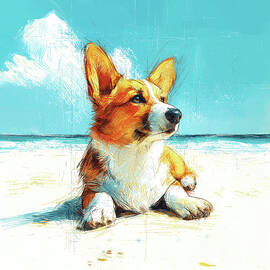Welsh Corgi Dog and beach sketch No.3 by Dog Art Museum