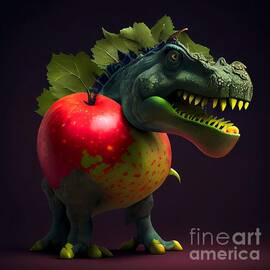 Whimsical Dinosaur and Apple Encounter, A Charming Digital Art Creation by Jeff Creation