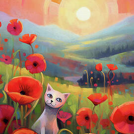 White Cat in a Poppy Field by Peggy Collins