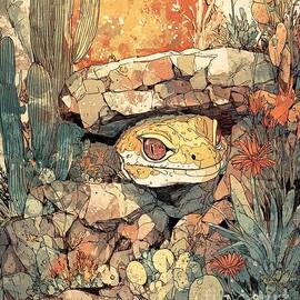 Wildlife Art Desert Lizard Amidst Cacti and Rocks Desert Lizard Nature Scene by Clint McLaughlin