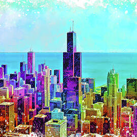 Willis Tower and the skyline of downtown Chicago - colorful sketch painting illustration by Nicko Prints