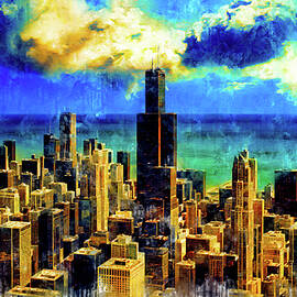 Willis Tower and the skyline of downtown Chicago - ink and watercolor by Nicko Prints