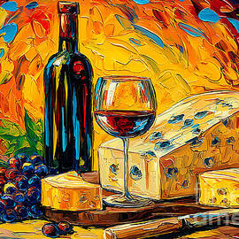 Wine and Cheese Delight in Bold Color - Vibrant Still Life with Red Wine, Grapes, and Artisan Cheese by OlfactoArt Studio
