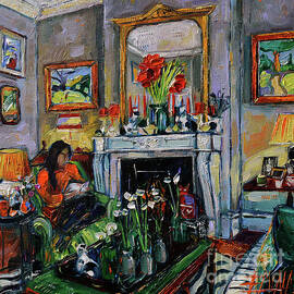 WOMAN READING BY FIREPLACE - room portrait 175 oil painting by Mona Edulesco
