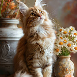 Young Maine Coon with Flowers by Lily Malor