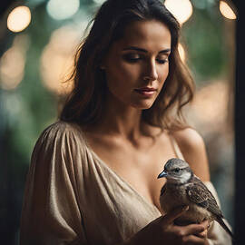 Young woman with a little bird by Manolis Tsantakis