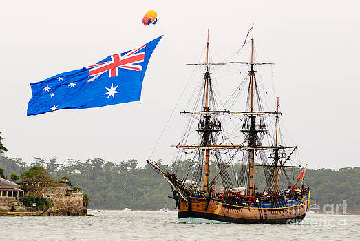 David Hill - HM Bark Endeavour - a replica - with large Australian flag David Hill - HM Bark Endeavour - a replica - with large Australian flag