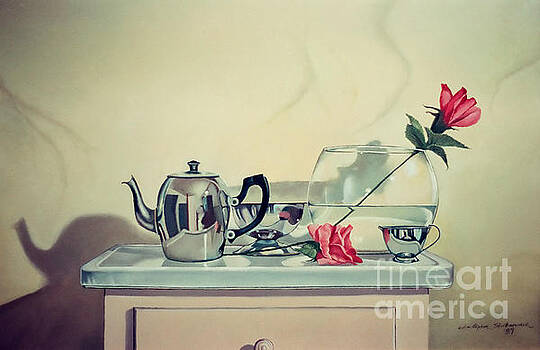 Christopher Shellhammer - Teapot and roses on stand Christopher Shellhammer - Teapot and roses on stand