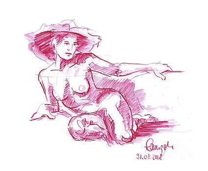 Frank Ramspott - Female Figure Drawing Sitting Pose Hat Watercolor Pencil Magenta Frank Ramspott - Female Figure Drawing Sitting Pose Hat Watercolor Pencil Magenta