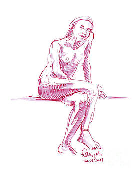 Frank Ramspott - Female Figure Drawing Sitting Pose Watercolor Pencil Magenta Frank Ramspott - Female Figure Drawing Sitting Pose Watercolor Pencil Magenta