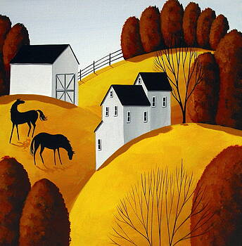 Two Mares - horse folk art landscape by Debbie Criswell