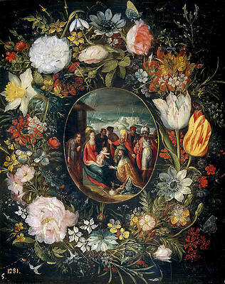  Flower garland with Adoration of the Magi Print by Pieter Brueghel the Younger
