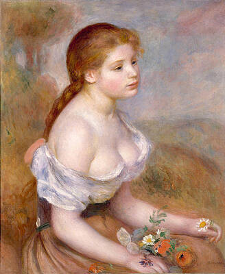 A Young Girl with Daisies Print by Pierre-Auguste Renoir