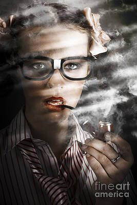 Wall Art - Photograph - Female Business Spy With Smoke Near Window Blinds by Jorgo Photography