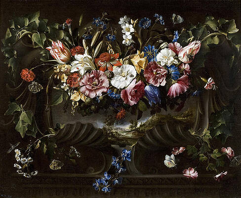Garland of flowers in a cartouche with a landscape behind Print by Juan de Arellano