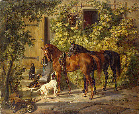 Horses at the Porch Print by Albrecht Adam