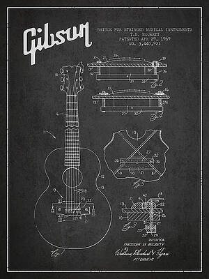 Wall Art - Digital Art - Mccarty Gibson stringed instrument patent Drawing from 1969 - Dark by Aged Pixel