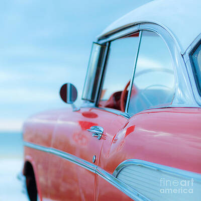 Wall Art - Photograph - Red Chevy '57 Bel Air at the beach Square by Edward Fielding