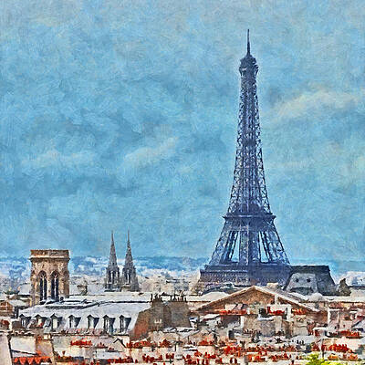Wall Art - Digital Art - Rooftops in Paris and the Eiffel Tower #1 by Digital Photographic Arts