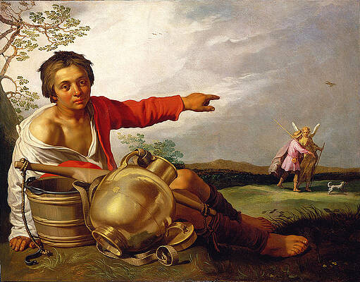 Shepherd Boy pointing at Tobias and the Angel Print by Abraham Bloemaert
