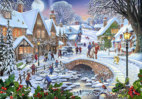 Wall Art - Painting - Winter Village Stream by MGL Meiklejohn Graphics Licensing