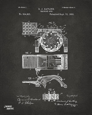 Gun Digital Art - 1893 Gatling Machine Gun Feed Patent Artwork - Gray by Nikki Marie Smith