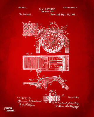 Gun Digital Art - 1893 Gatling Machine Gun Feed Patent Artwork - Red by Nikki Marie Smith