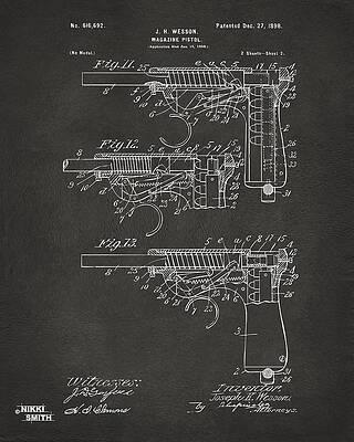 Gun Digital Art - 1898 Wesson Magazine Pistol Patent Artwork 2 - Gray by Nikki Marie Smith