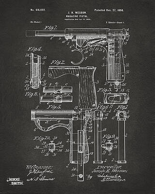 Gun Digital Art - 1898 Wesson Magazine Pistol Patent Artwork - Gray by Nikki Marie Smith