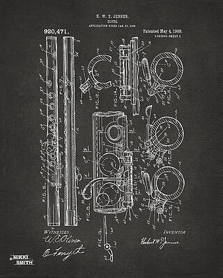 Wall Art - Digital Art - 1909 Flute Patent - Gray by Nikki Marie Smith