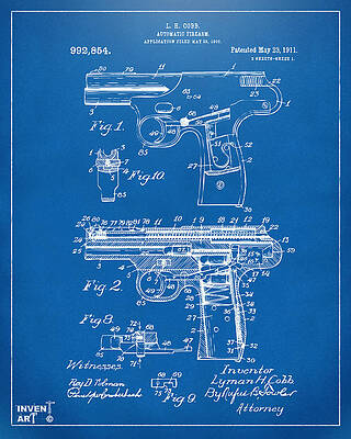 Gun Digital Art - 1911 Automatic Firearm Patent Artwork - Blueprint by Nikki Marie Smith