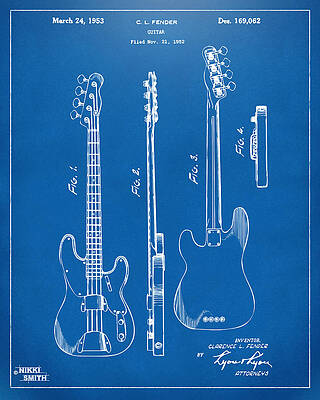 Wall Art - Drawing - 1953 Fender Bass Guitar Patent Artwork - Blueprint by Nikki Marie Smith