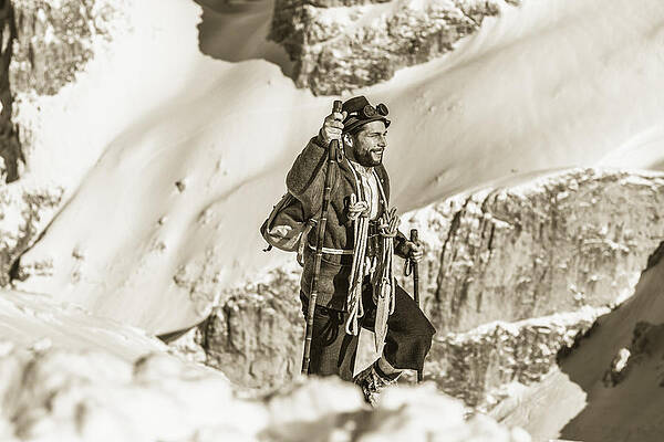 portrait of a bearded man in old nostalgic skiing outfit by Leander Nardin portrait of a bearded man in old nostalgic skiing outfit by Leander Nardin