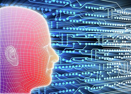 Wall Art - Photograph - Printed Circuit Board And Wireframe Head #2 by Science Photo Library