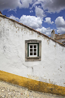 Wall Art - Photograph - Rustic Green Window against a Whitewashed Wall with a Yellow Border by David Letts