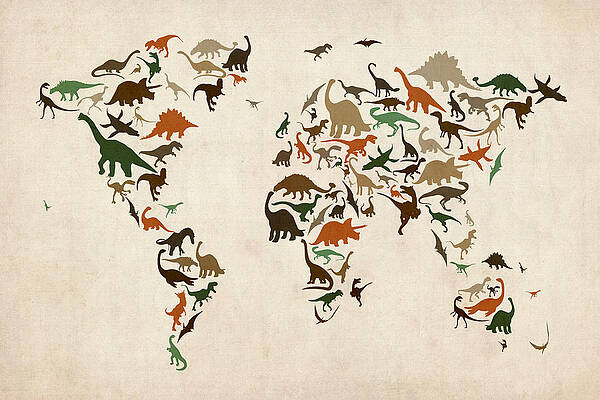 Wall Art - Digital Art - Dinosaur Map of the World Map #3 by Michael Tompsett