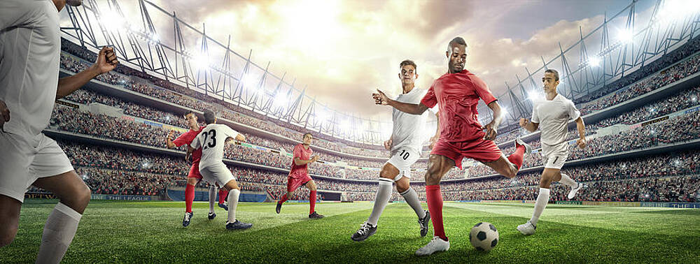 Soccer Player Kicking Ball In Stadium Print by Dmytro Aksonov