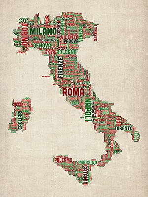 Wall Art - Digital Art - Text Map of Italy Map #5 by Michael Tompsett