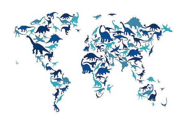 Wall Art - Digital Art - Dinosaur Map of the World Map #5 by Michael Tompsett