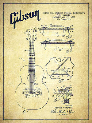 Wall Art - Digital Art - Mccarty Gibson stringed instrument patent Drawing from 1969 - Vintage by Aged Pixel